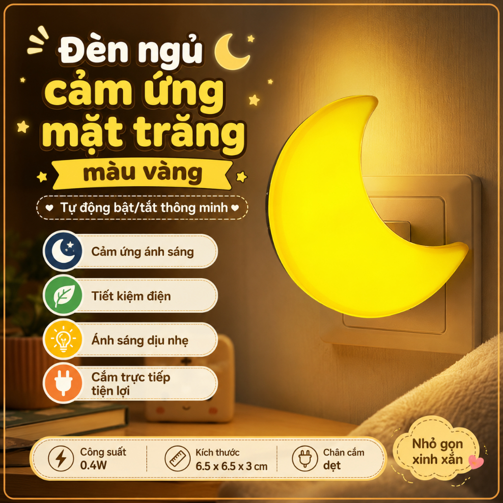 Đèn Ngủ Cảm Ứng Mặt Trăng Màu Vàng - Trắng Tự Động Bật Tắt Thông Minh Cắm Trực Tiếp - Habo Shop