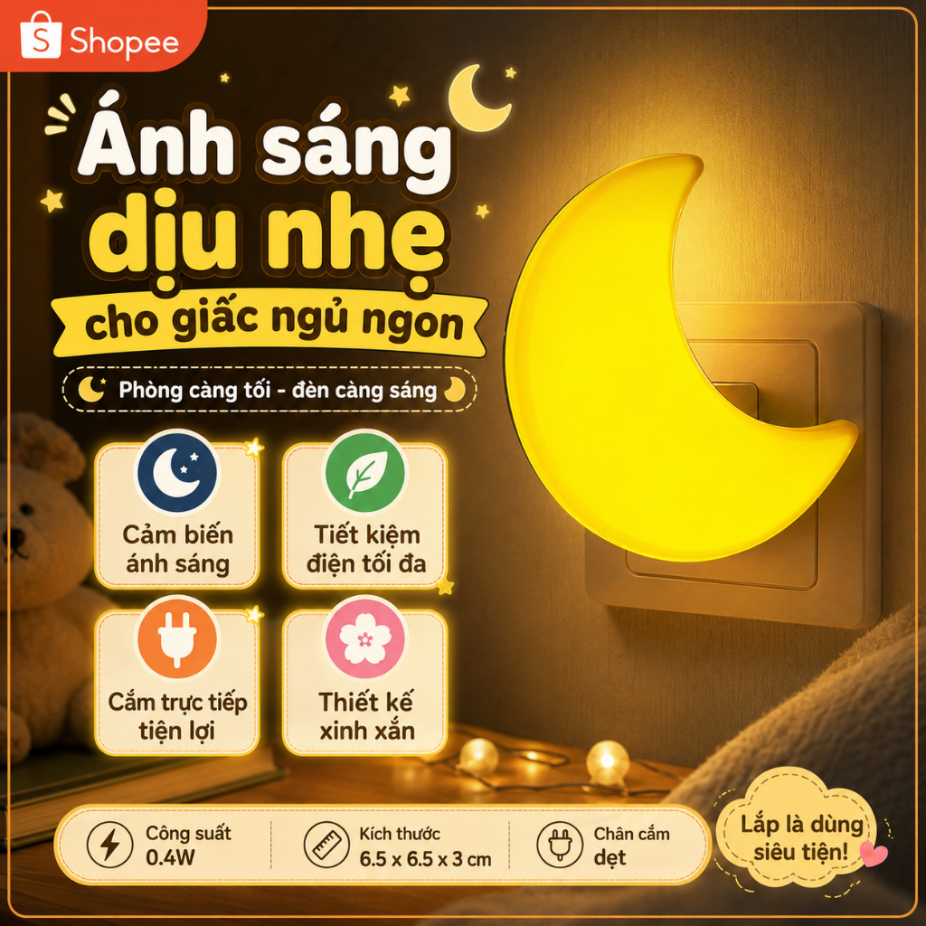 Đèn Ngủ Cảm Ứng Mặt Trăng Màu Vàng - Trắng Tự Động Bật Tắt Thông Minh Cắm Trực Tiếp - Habo Shop