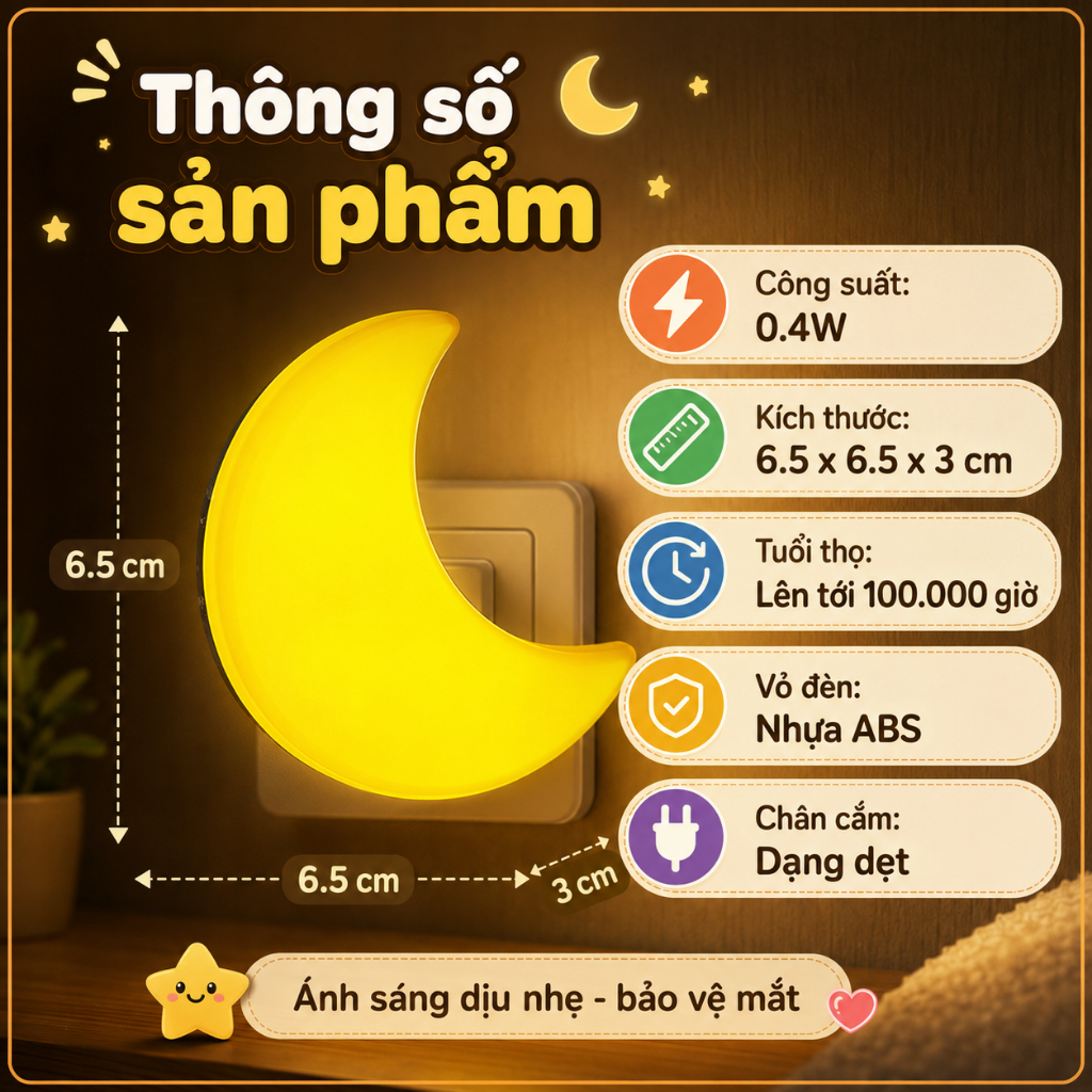 Đèn Ngủ Cảm Ứng Mặt Trăng Màu Vàng - Trắng Tự Động Bật Tắt Thông Minh Cắm Trực Tiếp - Habo Shop