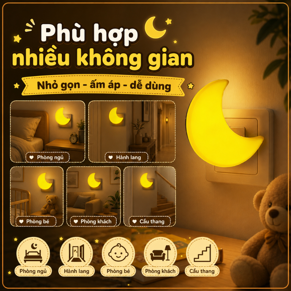 Đèn Ngủ Cảm Ứng Mặt Trăng Màu Vàng - Trắng Tự Động Bật Tắt Thông Minh Cắm Trực Tiếp - Habo Shop