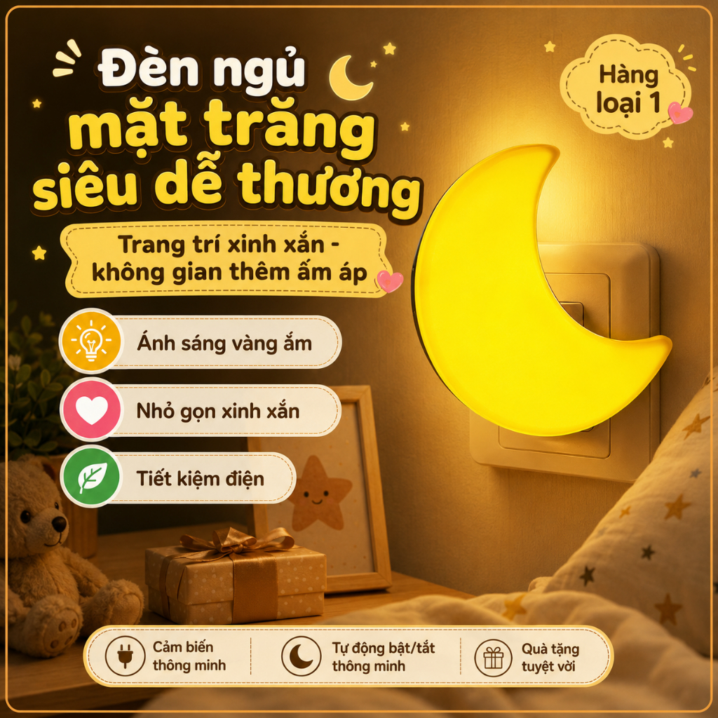 Đèn Ngủ Cảm Ứng Mặt Trăng Màu Vàng - Trắng Tự Động Bật Tắt Thông Minh Cắm Trực Tiếp - Habo Shop