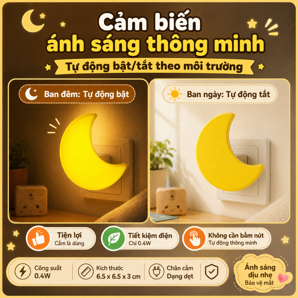 Đèn Ngủ Cảm Ứng Mặt Trăng Màu Vàng - Trắng Tự Động Bật Tắt Thông Minh Cắm Trực Tiếp - Habo Shop