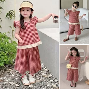 Set Bộ Bé Gái, Đồ Bộ Bé Gái Thiết Kế Kẻ Caro Phối Bèo Tiểu Thư Bé Mặc Hàng Ngày Chất Liệu Cotton Thô