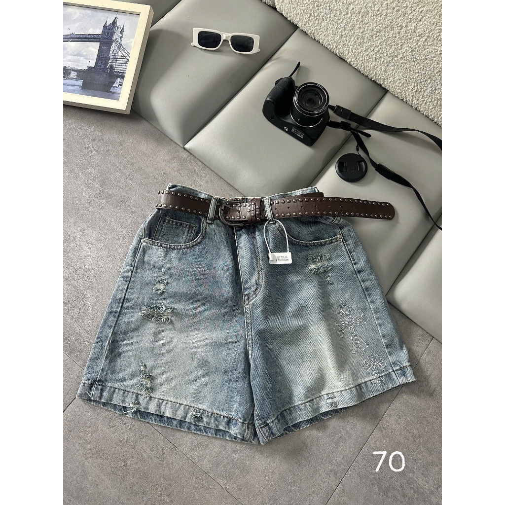 Quần Short Jean Nữ Bigsize 55-90kg Lưng Thun Đính Đá, Quần Đùi Sooc Nữ Ống Rộng Cạp Cao MS70