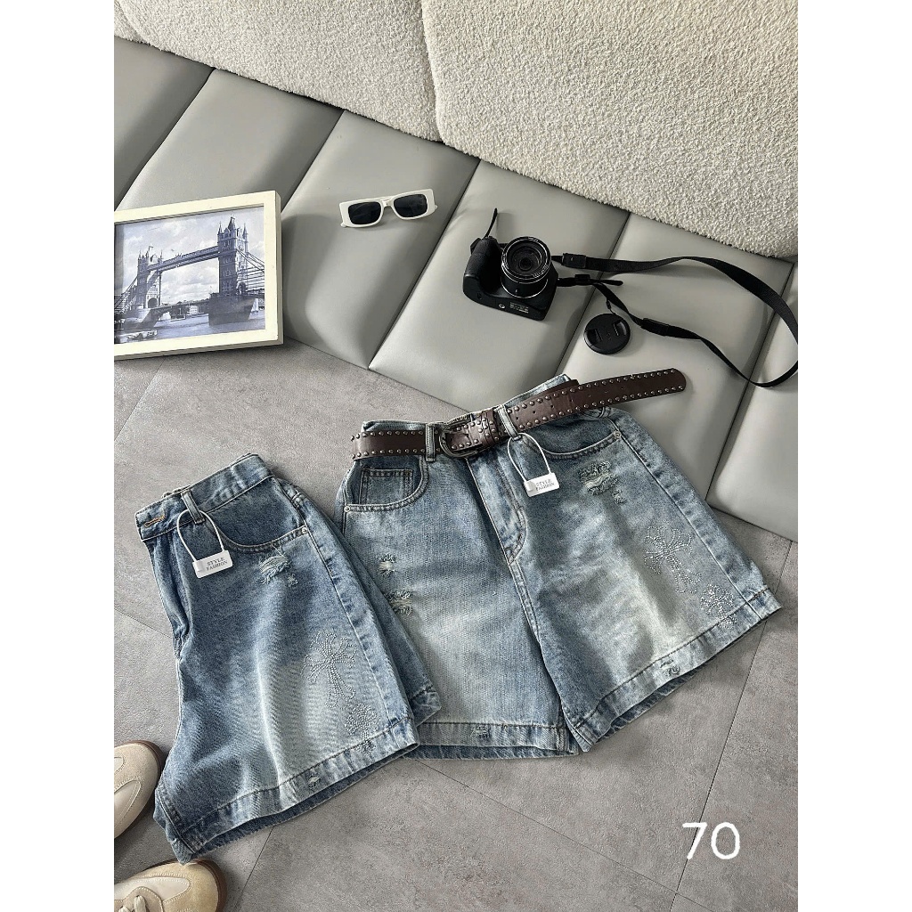 Quần Short Jean Nữ Bigsize 55-90kg Lưng Thun Đính Đá, Quần Đùi Sooc Nữ Ống Rộng Cạp Cao MS70