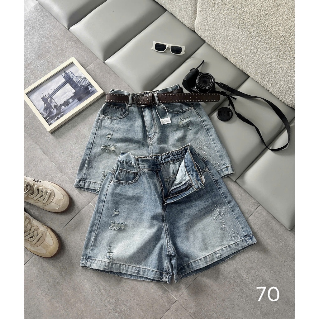 Quần Short Jean Nữ Bigsize 55-90kg Lưng Thun Đính Đá, Quần Đùi Sooc Nữ Ống Rộng Cạp Cao MS70