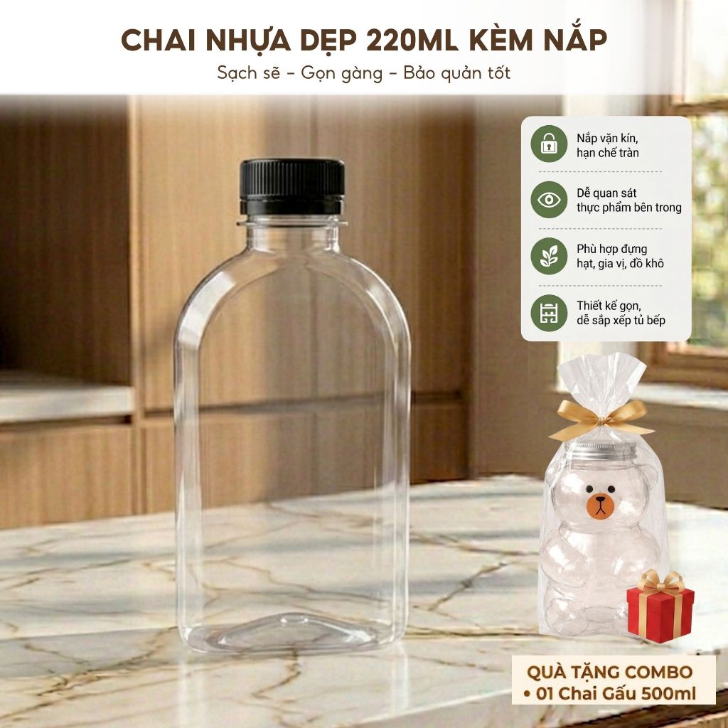 Combo 25 Chai Dẹp 220ml  Kèm Nắp Trắng/Đen – Chai Đựng Nước Ép, Trà Sữa, Detox, Sữa Hạt Take Away, Nhựa PET