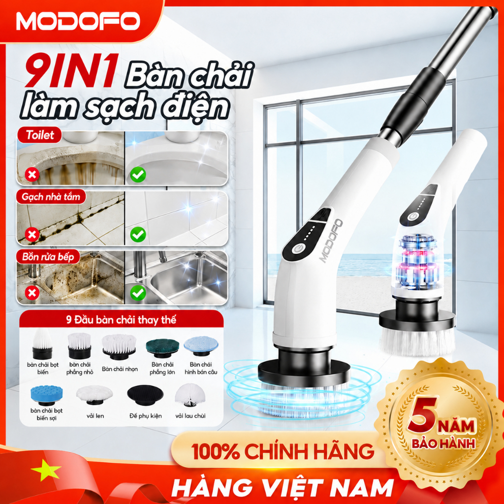 MODOFO Máy Cọ Vệ Sinh Điện 9 Đầu Cọ, Chổi Cọ Nhà Tắm Không Dây, Làm Sạch Khe Gạch Toilet Bếp, Xoay 180°, Sạc USB