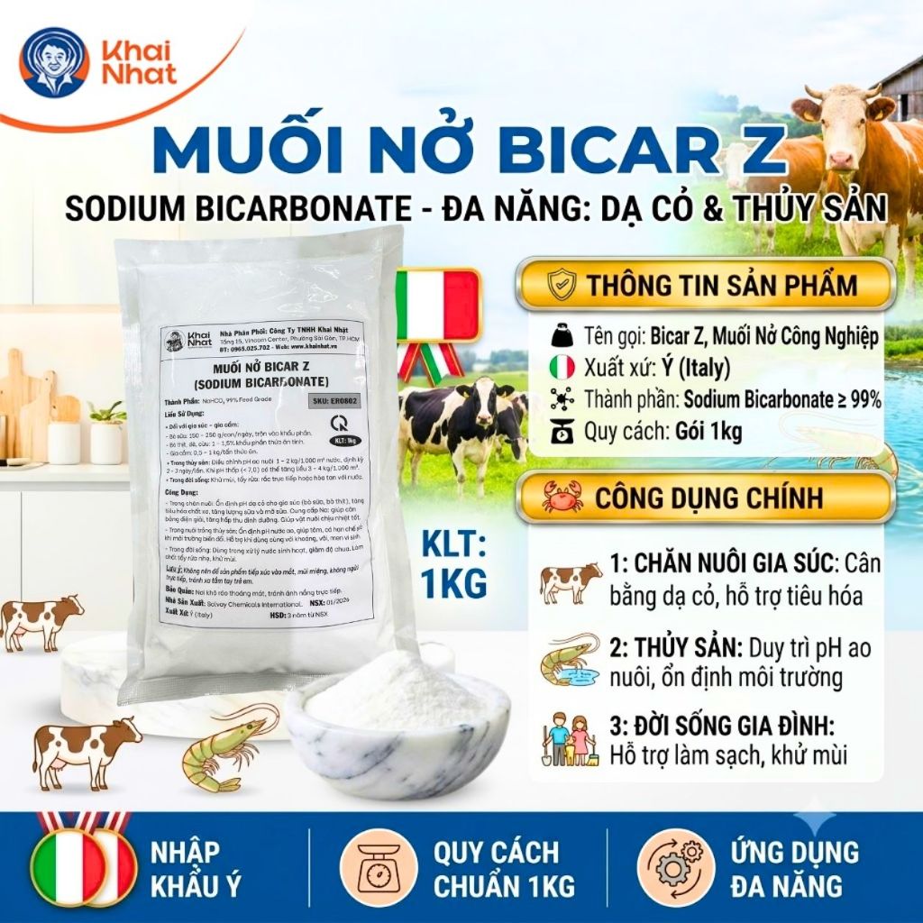 Muối nở Bicar Z NaHCO3 99% Sodium Bicarbonate Tăng Kiềm Ao Nuôi Tôm Cá Ổn Định Nước (Gói 1kg)