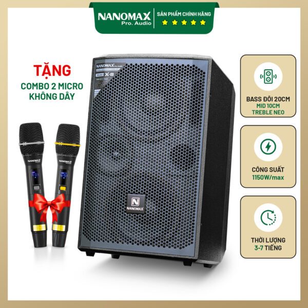 Loa Xách Tay Nanomax X-8 Bass Đôi 20cm 1150W – Âm Thanh Mạnh Mẽ, Hát Karaoke Cực Hay