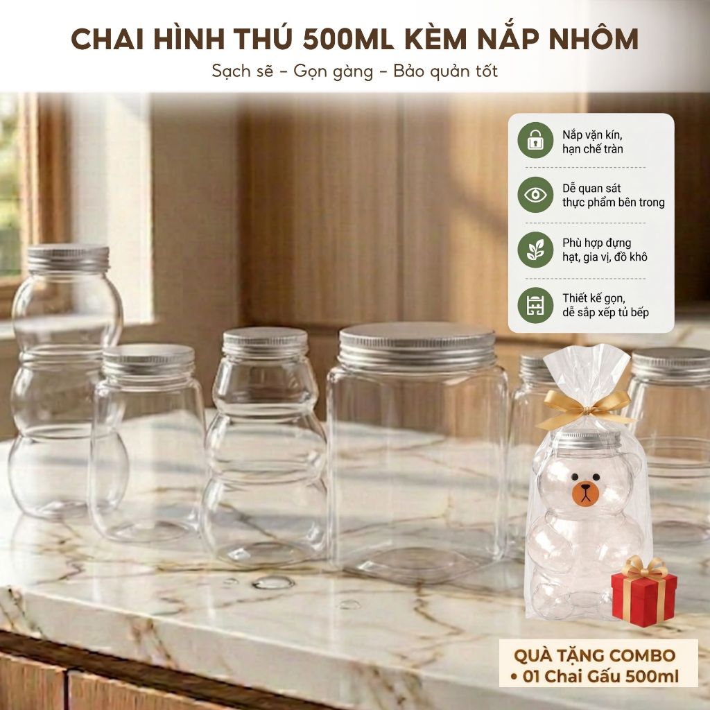 Combo 25 Chai Hình Thú 500ml Kèm Nắp Nhôm – Chai Nhựa PET Đựng Trà Sữa, Nước Ép, Detox Siêu Cute