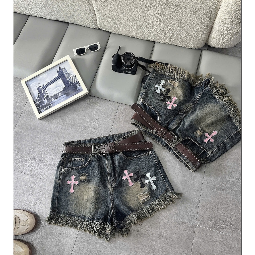 Quần Short Jean Nữ Bigsize 55-90kg Thêu Chữ Thập Phối Màu, Quần Đùi Bò Nữ Gấu Tua Rua MS1319