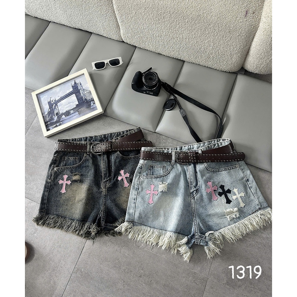 Quần Short Jean Nữ Bigsize 55-90kg Thêu Chữ Thập Phối Màu, Quần Đùi Bò Nữ Gấu Tua Rua MS1319