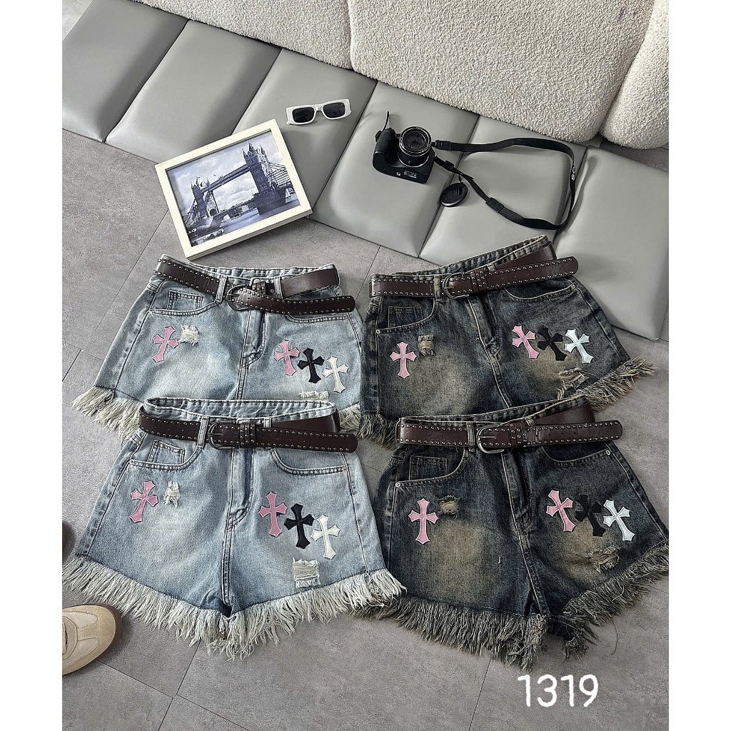 Quần Short Jean Nữ Bigsize 55-90kg Thêu Chữ Thập Phối Màu, Quần Đùi Bò Nữ Gấu Tua Rua MS1319
