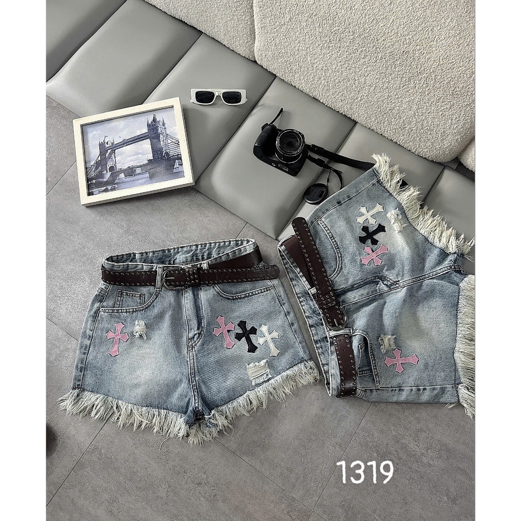 Quần Short Jean Nữ Bigsize 55-90kg Thêu Chữ Thập Phối Màu, Quần Đùi Bò Nữ Gấu Tua Rua MS1319