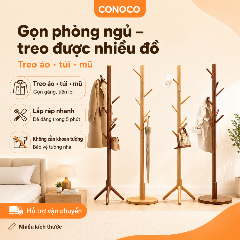 Cây Treo Quần Áo Đứng CONOCO Gỗ Tự Nhiên Nhiều Móc Treo Áo Túi Mũ Tiết Kiệm Diện Tích