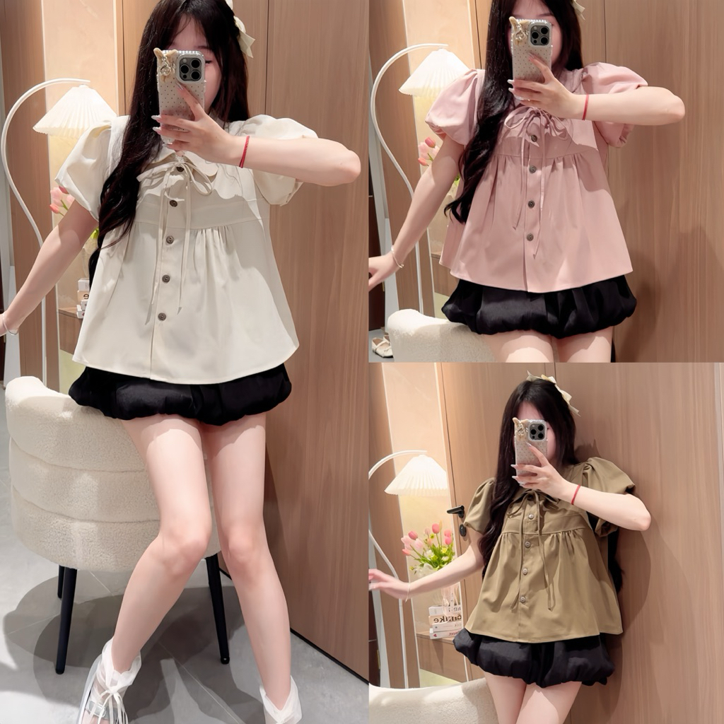 Áo Babydoll Dáng Xoè Cổ Sen Tay Bồng Kèm Dây Buộc Nơ Phong Cách Tiểu Thư Lyzinshop - A148