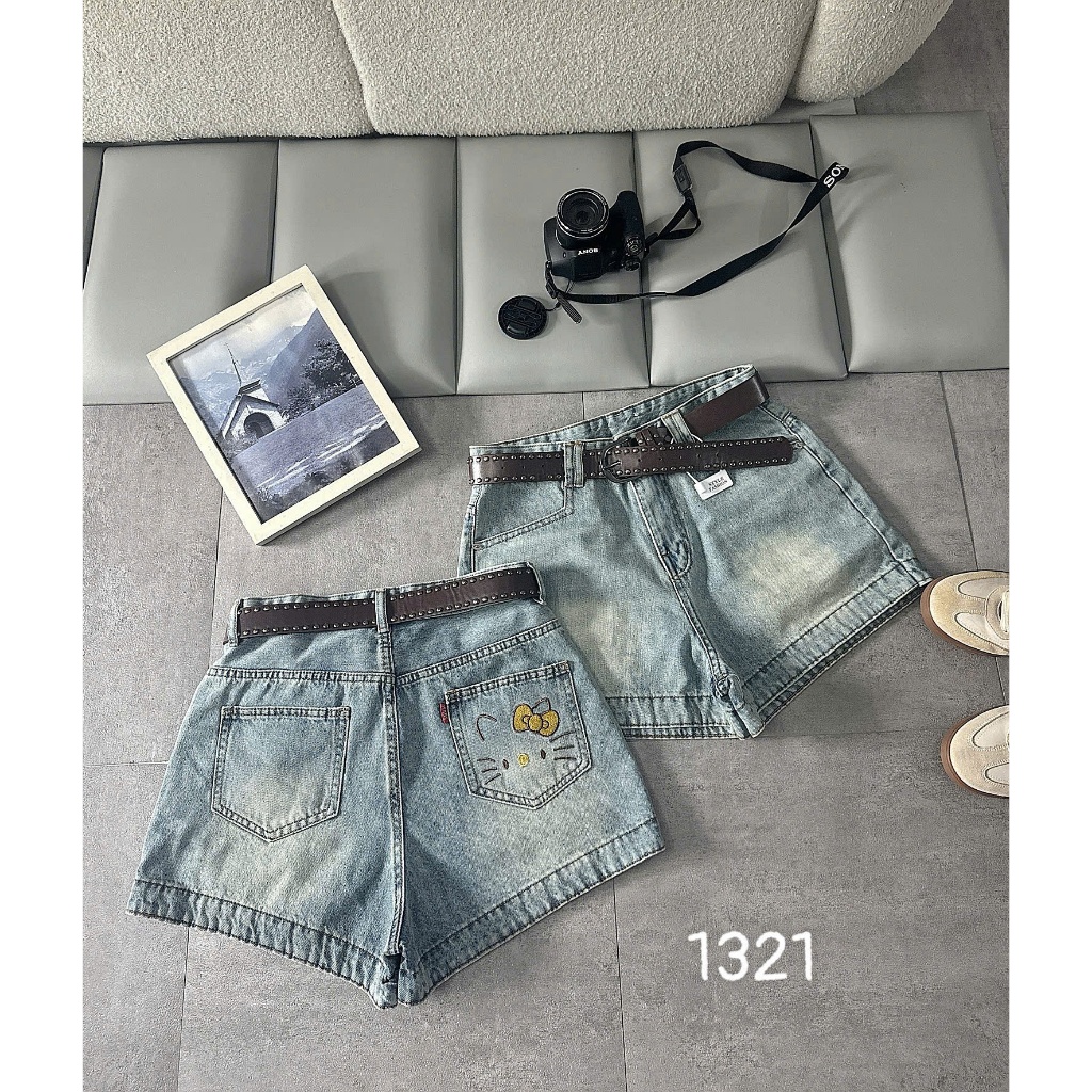 Quần Short Jean Nữ Bigsize 55-90kg Thêu Mèo Túi Sau, Quần Đùi Bò Nữ Cạp Cao Màu Xanh Bụi MS1321