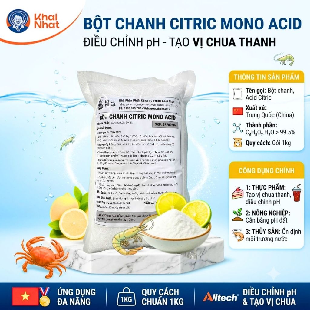 Bột chanh Acid Citric (C6H8O7.H2O>99%) - Bột tạo chua, Chất điều chỉnh PH (1kg/gói)