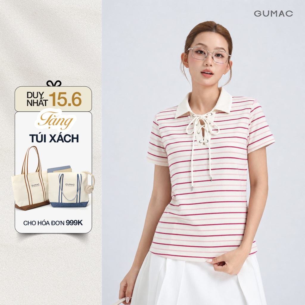 Áo Polo Nữ Gmorning - GUMAC Dây Đan Cách Điệu Cổ Trụ Mắt Cáo Kèm Dây Luồn Tạo Điểm Nhấn Hiện Đại YAPG05052