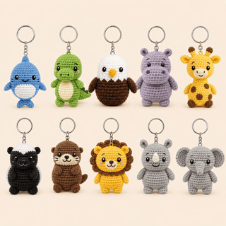 Móc Khóa Len Lendo Các Con Vật Sư Tử Đại Bàng Lửng Mật Hà Mã 9cm Handmade Crochet Treo Cặp Balo Túi Xách