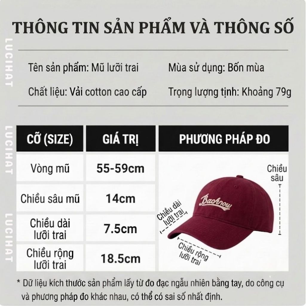 Mũ lưỡi trai LUCIHAT thêu Bachnow, vải kaki, nón kết form mềm nhiều màu sắc, điều chỉnh kích thước