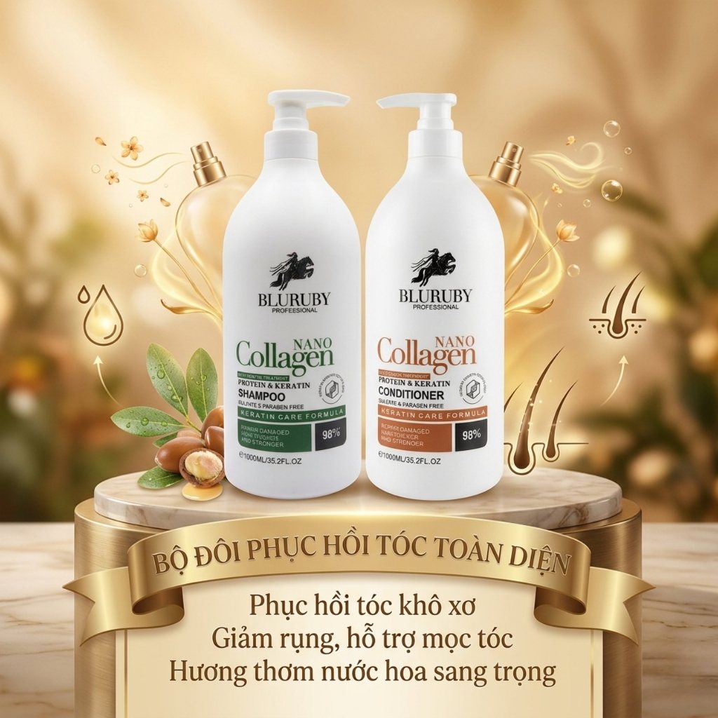 Cặp Dầu Gội Xả Bluruby Collagen 1000ml/Chai | Dưỡng Tóc Mềm Mượt, Hỗ Trợ Giảm Gãy Rụng.