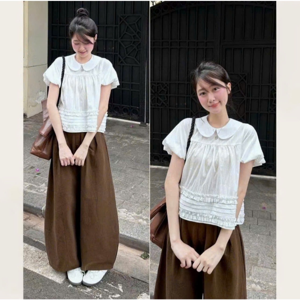 Áo Kiểu Nữ Babydoll Cổ Sen Tay Bồng, Áo Tiểu Thư Phối Tầng Xếp Ly Bèo Nhẹ Phong Cách Hàn Quốc Vintage | BigBuy360 - bigbuy360.vn