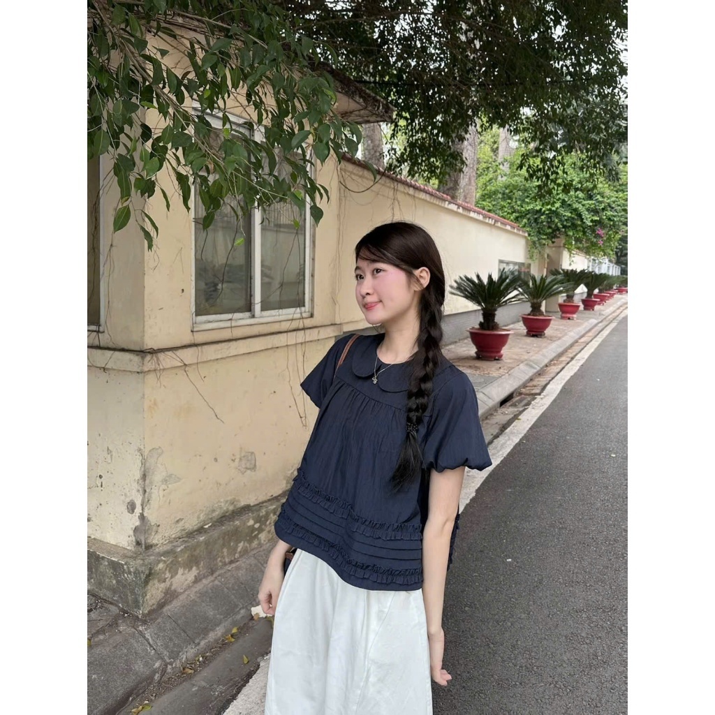 Áo Kiểu Nữ Babydoll Cổ Sen Tay Bồng, Áo Tiểu Thư Phối Tầng Xếp Ly Bèo Nhẹ Phong Cách Hàn Quốc Vintage | BigBuy360 - bigbuy360.vn