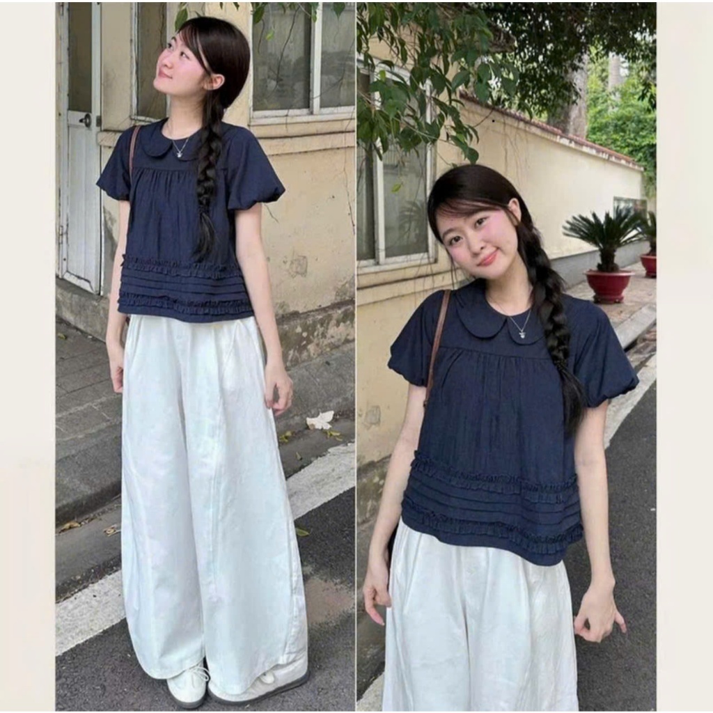 Áo Kiểu Nữ Babydoll Cổ Sen Tay Bồng, Áo Tiểu Thư Phối Tầng Xếp Ly Bèo Nhẹ Phong Cách Hàn Quốc Vintage | BigBuy360 - bigbuy360.vn