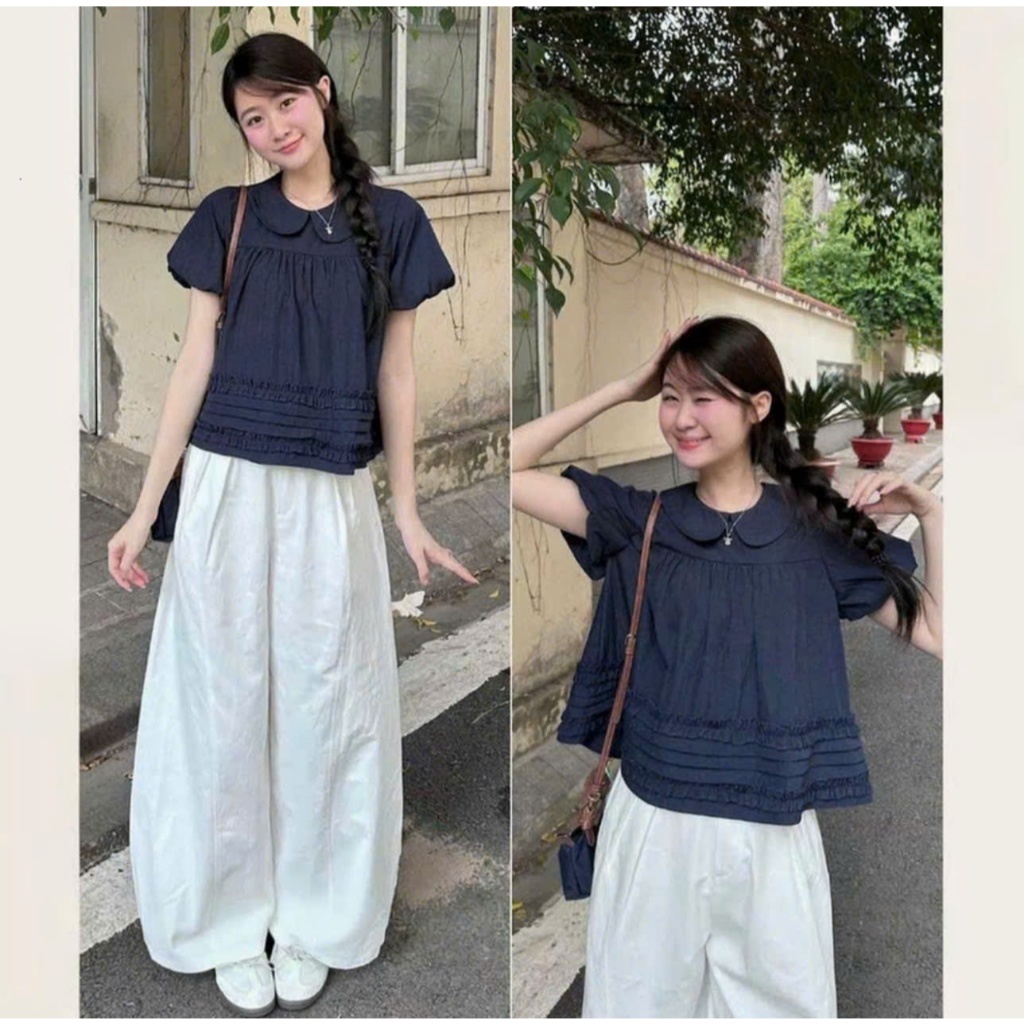 Áo Kiểu Nữ Babydoll Cổ Sen Tay Bồng, Áo Tiểu Thư Phối Tầng Xếp Ly Bèo Nhẹ Phong Cách Hàn Quốc Vintage