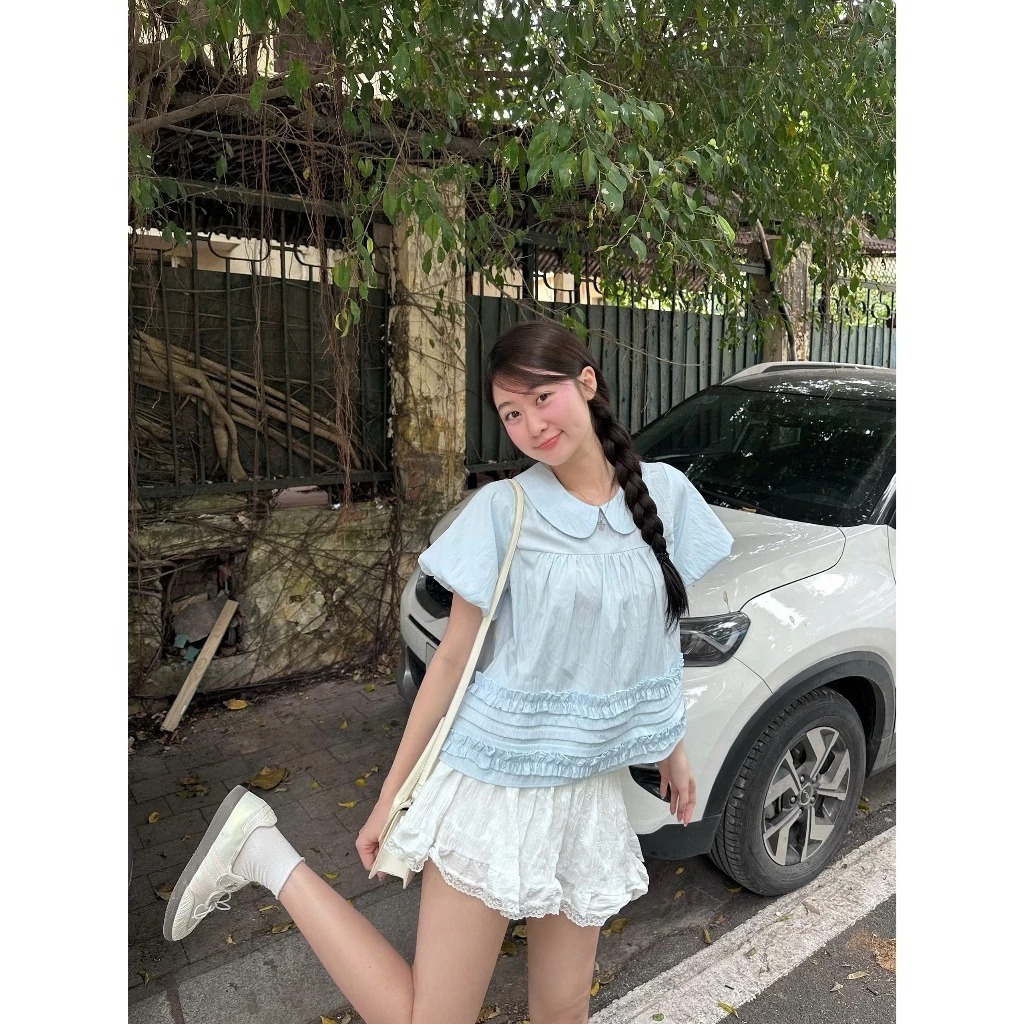 Áo Kiểu Nữ Babydoll Cổ Sen Tay Bồng, Áo Tiểu Thư Phối Tầng Xếp Ly Bèo Nhẹ Phong Cách Hàn Quốc Vintage | BigBuy360 - bigbuy360.vn