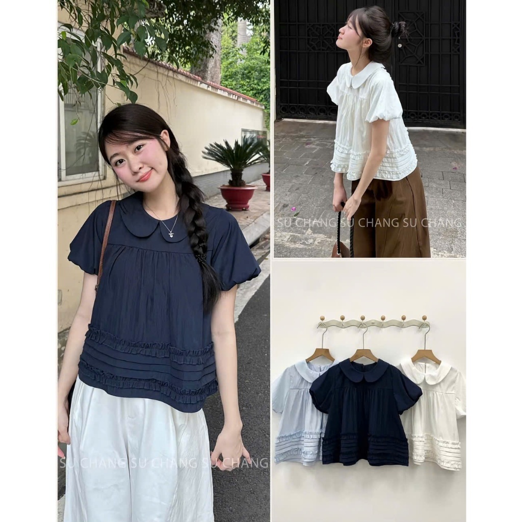 Áo Kiểu Nữ Babydoll Cổ Sen Tay Bồng, Áo Tiểu Thư Phối Tầng Xếp Ly Bèo Nhẹ Phong Cách Hàn Quốc Vintage | BigBuy360 - bigbuy360.vn