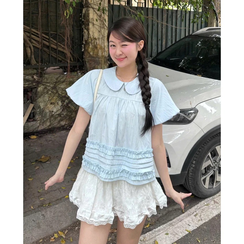Áo Kiểu Nữ Babydoll Cổ Sen Tay Bồng, Áo Tiểu Thư Phối Tầng Xếp Ly Bèo Nhẹ Phong Cách Hàn Quốc Vintage | BigBuy360 - bigbuy360.vn
