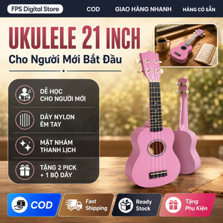 Đàn Ukulele 21 Inch Màu Hồng Cho Người Mới, Dây Nylon Êm Tay, Mặt Nhám, Tặng Pick Dây Đàn
