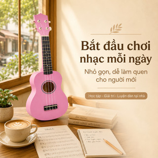 Đàn Ukulele 21 Inch Màu Hồng Cho Người Mới, Dây Nylon Êm Tay, Mặt Nhám, Tặng Pick Dây Đàn