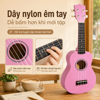Đàn Ukulele 21 Inch Màu Hồng Cho Người Mới, Dây Nylon Êm Tay, Mặt Nhám, Tặng Pick Dây Đàn