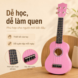 Đàn Ukulele 21 Inch Màu Hồng Cho Người Mới, Dây Nylon Êm Tay, Mặt Nhám, Tặng Pick Dây Đàn
