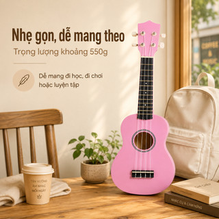 Đàn Ukulele 21 Inch Màu Hồng Cho Người Mới, Dây Nylon Êm Tay, Mặt Nhám, Tặng Pick Dây Đàn
