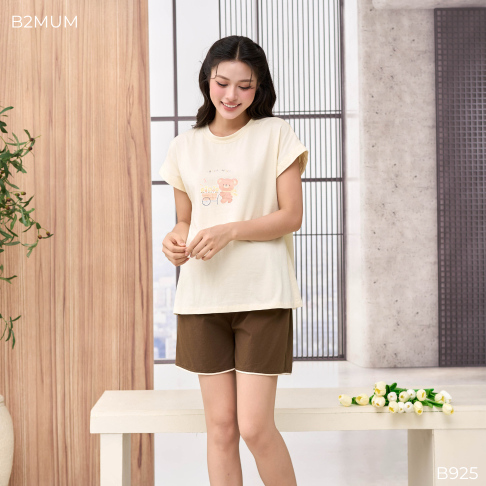 Bộ Bầu Cotton Sooc Be – Đồ Bộ Mặc Nhà Thoáng Mát Cho Mẹ Bầu & Sau Sinh, Quần Có Chun Chỉnh B925 Clover Set By B2MUM