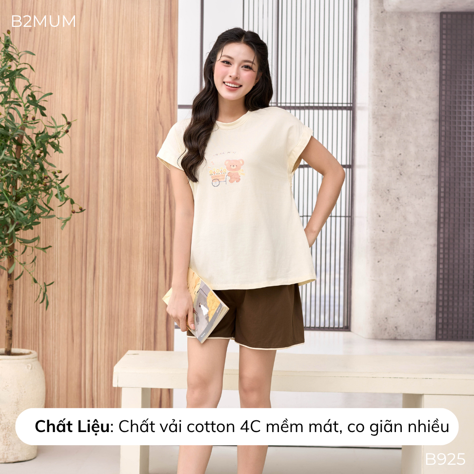 Bộ Bầu Cotton Sooc Be – Đồ Bộ Mặc Nhà Thoáng Mát Cho Mẹ Bầu & Sau Sinh, Quần Có Chun Chỉnh B925 Clover Set By B2MUM