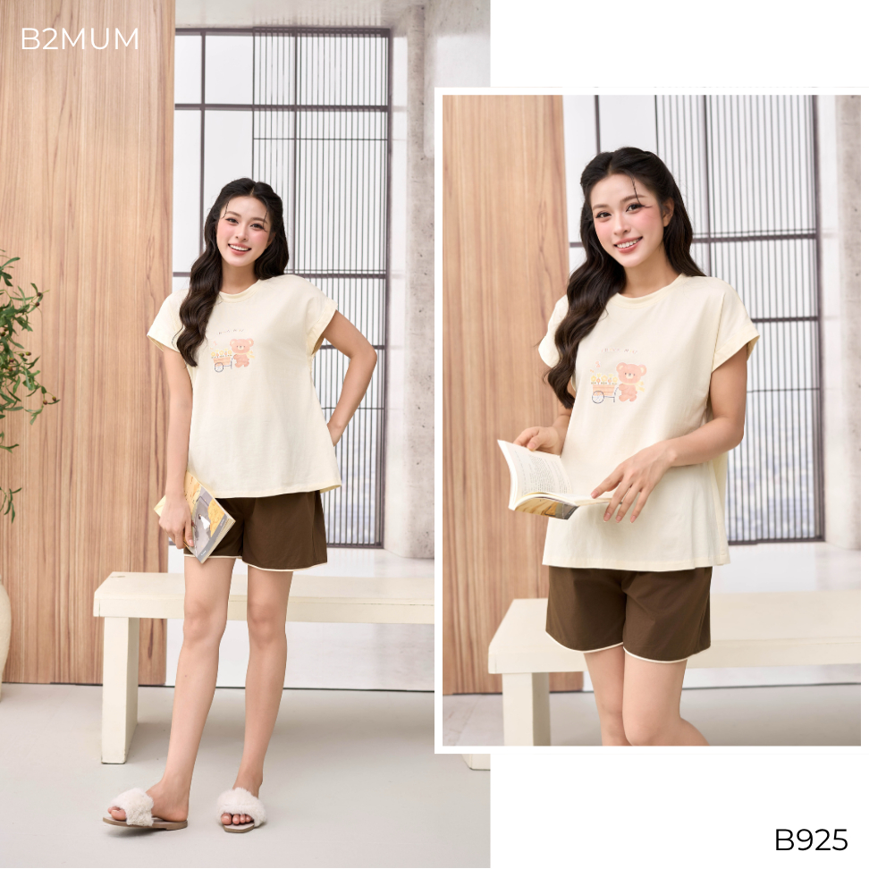 Bộ Bầu Cotton Sooc Be – Đồ Bộ Mặc Nhà Thoáng Mát Cho Mẹ Bầu & Sau Sinh, Quần Có Chun Chỉnh B925 Clover Set By B2MUM