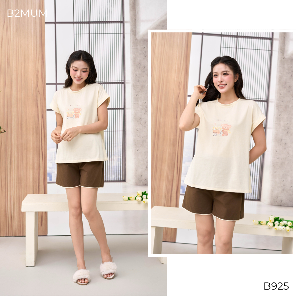 Bộ Bầu Cotton Sooc Be – Đồ Bộ Mặc Nhà Thoáng Mát Cho Mẹ Bầu & Sau Sinh, Quần Có Chun Chỉnh B925 Clover Set By B2MUM
