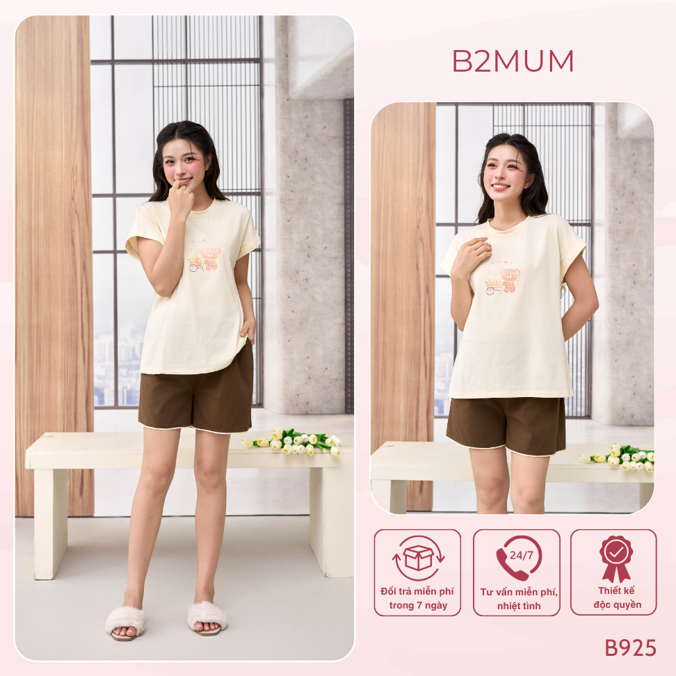 Bộ Bầu Cotton Sooc Be – Đồ Bộ Mặc Nhà Thoáng Mát Cho Mẹ Bầu & Sau Sinh, Quần Có Chun Chỉnh B925 Clover Set By B2MUM