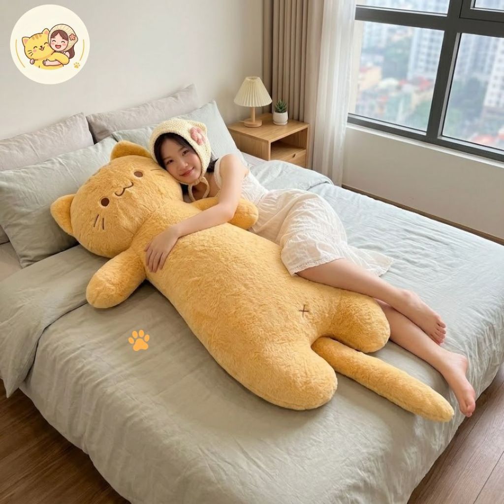 Gấu Bông Mèo Khổng Lồ Mềm Mại, Gối Ôm Thú Bông Hình Mèo Vàng Đáng Yêu Size To Quà Tặng Cho Bạn Gái