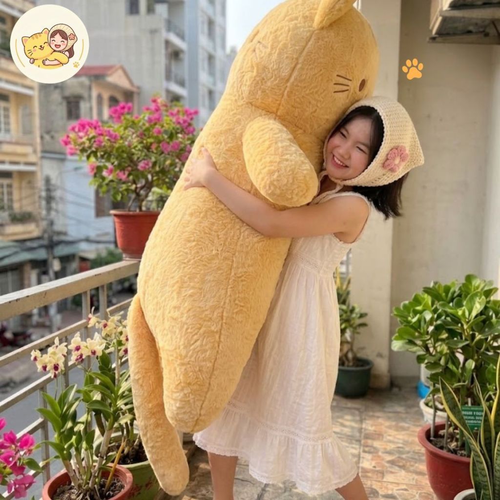 Gấu Bông Mèo Khổng Lồ Mềm Mại, Gối Ôm Thú Bông Hình Mèo Vàng Đáng Yêu Size To Quà Tặng Cho Bạn Gái