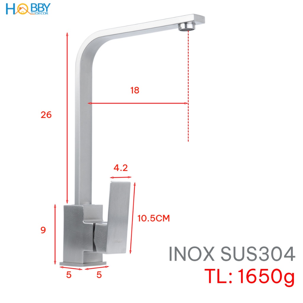 Vòi nước rửa chén nóng lạnh Inox 304 đế vuông HOBBY Home Decor RCD2