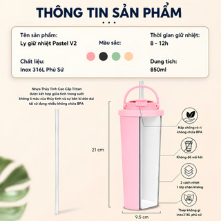 Ly giữ nhiệt cao cấp Pastel v2 850ml hút trà sữa trân châu bình giữ nhiệt 16h Fan House inox 304