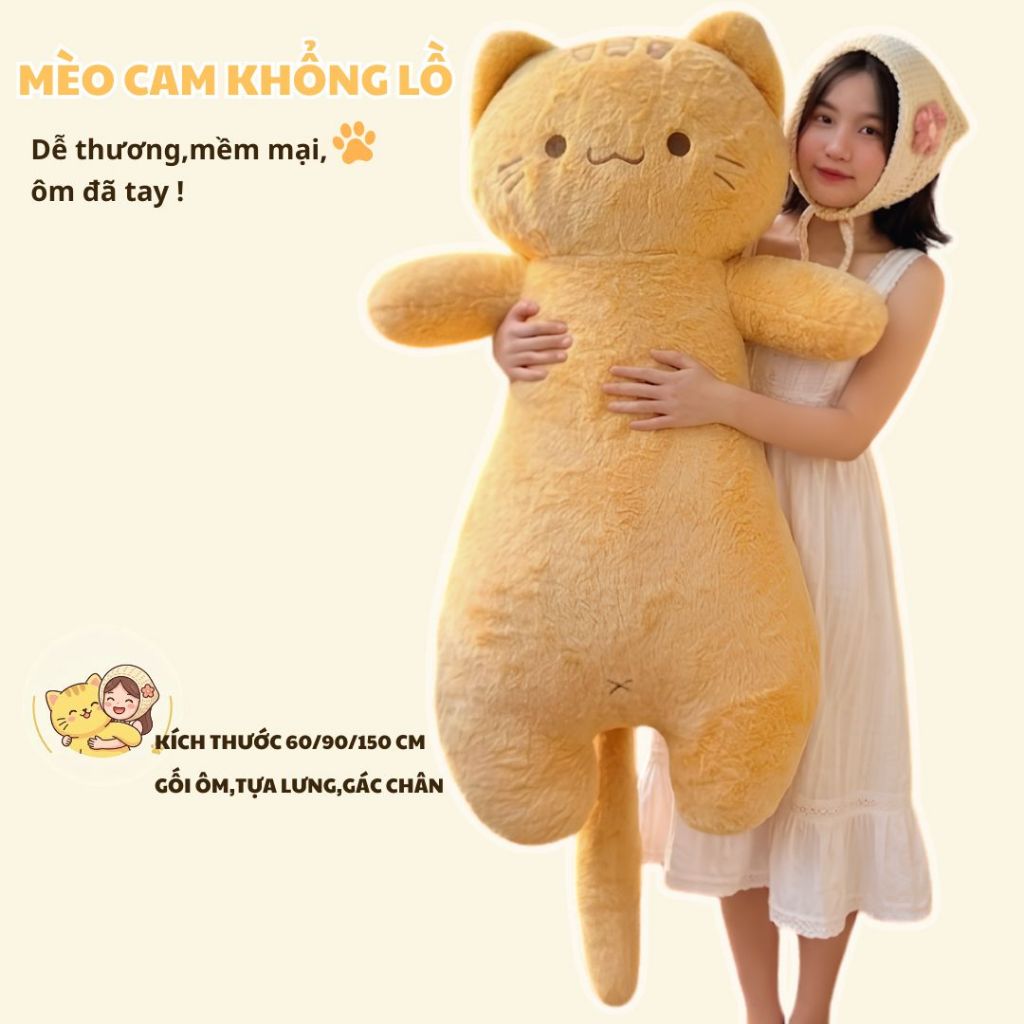 Gấu Bông Mèo Khổng Lồ Mềm Mại, Gối Ôm Thú Bông Hình Mèo Vàng Đáng Yêu Size To Quà Tặng Cho Bạn Gái
