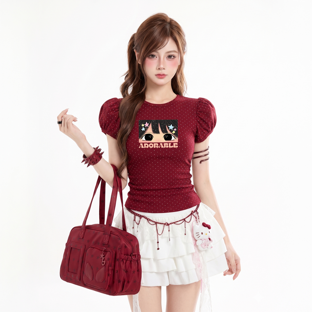 Áo Thun Chấm Bi Tay Ngắn Kiểu Phồng PINKSTORE29 In Hình ADORABLE Dễ Thương A52111 | BigBuy360 - bigbuy360.vn